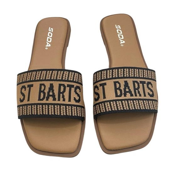 New St Barts Sandals Slides Tan Black Size 7 - Picture 1 of 8